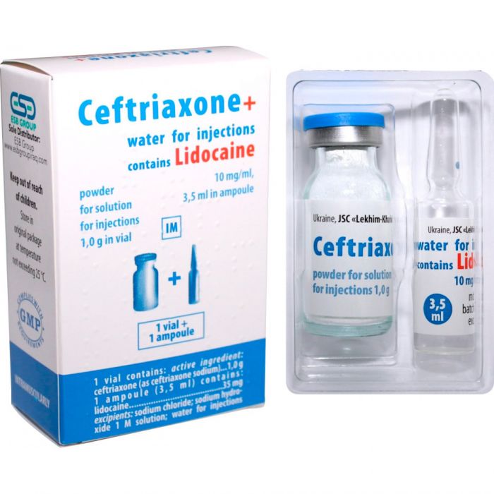 Цефтриаксон порошок для инъекций флакон 1 г, с 1% лидокаином 3,5 мл ампула №1 в Украине