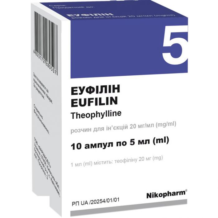Еуфілін розчин для ін'єкцій 20 мг/мл по 5 мл ампули №10 в Україні