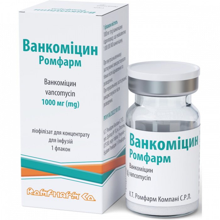 Ванкоміцин Ромфарм ліофілізат для розчину для інфузій по 1000 мг флакон №1 недорого